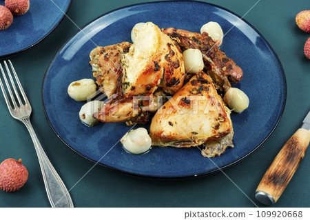 Baked chicken with lychee. Baked chicken with lychee. 109920668