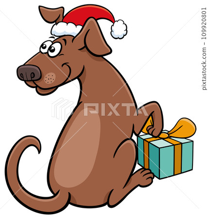 funny cartoon brown dog with Christmas present funny cartoon brown dog with Christmas present 109920801
