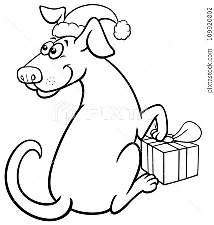 funny cartoon dog with Christmas present coloring page 109920802