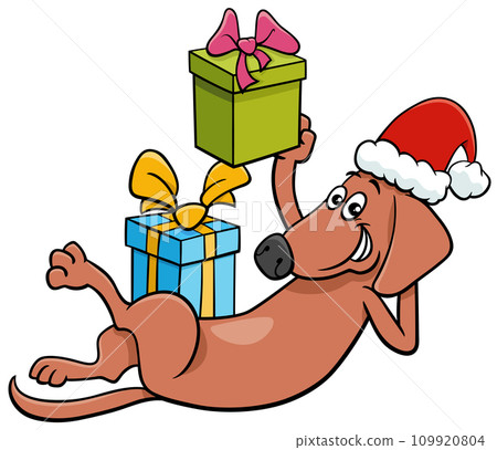 funny cartoon brown dog with Christmas gifts funny cartoon brown dog with Christmas gifts 109920804