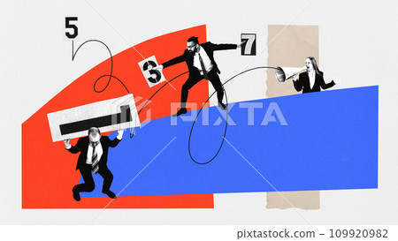 Contemporary art collage. Statistical evidence. Man stands on graph and collects figures given to him by his coworkers because boss asked for a report. Contemporary art collage. Statistical evidence. Man stands on graph and collects figures given to him by his coworkers because boss asked for a report. 109920982