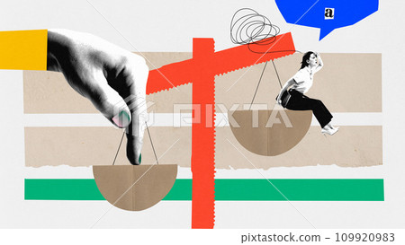 Contemporary art collage. One hand pushes scales on which sitting young business lady who searching able to begin new startup. Contemporary art collage. One hand pushes scales on which sitting young business lady who searching able to begin new startup. 109920983