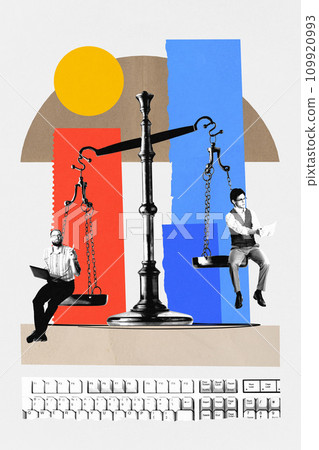 Contemporary art collage. Two businessman sitting on vintage scales and communicating with business partners and working online. 109920993