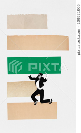 Contemporary art collage. Young woman, business lady moves one of assignment slots up one line. Deadlines. Time management. 109921006