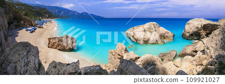 Greece best beaches of Ionian islands. Lefkada - scenic long beach Kathisma  109921027