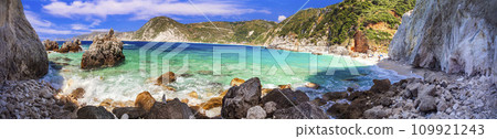 Scenic beaches of beautiful Cephalonia (Kefalonia) island - Agia Eleni with picturesque rocks. Greece , Ionian islands 109921243