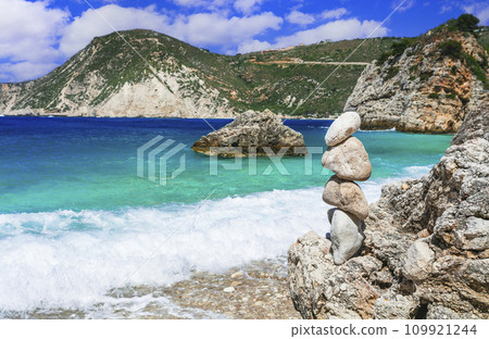 Scenic beaches of beautiful Cephalonia (Kefalonia) island - Agia Eleni with picturesque rocks. Greece , Ionian islands Scenic beaches of beautiful Cephalonia (Kefalonia) island - Agia Eleni with picturesque rocks. Greece , Ionian islands 109921244