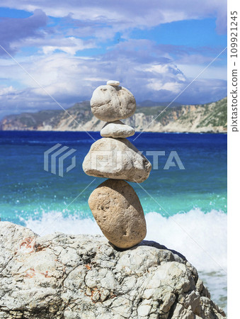 Scenic beaches of beautiful Cephalonia (Kefalonia) island - Agia Eleni with picturesque rocks and stone's piramids. Greece , Ionian islands 109921245