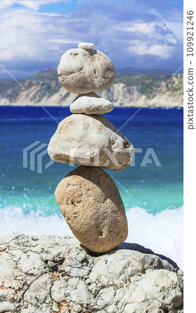 Scenic beaches of beautiful Cephalonia (Kefalonia) island - Agia Eleni with picturesque rocks and stone's piramids. Greece , Ionian islands 109921246