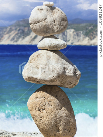 Scenic beaches of beautiful Cephalonia (Kefalonia) island - Agia Eleni with picturesque rocks and stone's piramids. Greece , Ionian islands 109921247