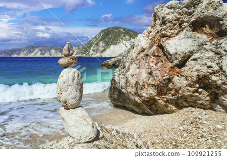 Scenic beaches of beautiful Cephalonia (Kefalonia) island - Agia Eleni with picturesque rocks and stone's piramids. Greece , Ionian islands 109921255