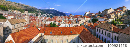 Landmarks and travel in Croatia - beautiful Dubrovnik town, panoramic view of old town and historic center. 109921258