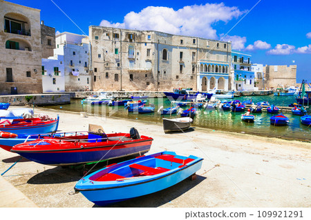 Traditional Italy - white town Monopoli with colorful fishinng boats in Puglia 109921291