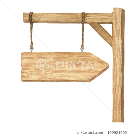 Watercolor illustration of wood sign holder, wooden arrow-shaped plank or direction pointer signpost isolated. Handmade. Watercolor illustration of wood sign holder, wooden arrow-shaped plank or direction pointer signpost isolated. Handmade. 109921603
