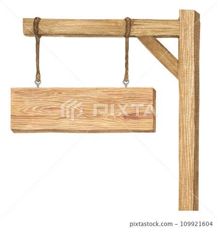 Watercolor illustration of wood sign holder, wooden plank or direction pointer signpost isolated. Handmade. Watercolor illustration of wood sign holder, wooden plank or direction pointer signpost isolated. Handmade. 109921604