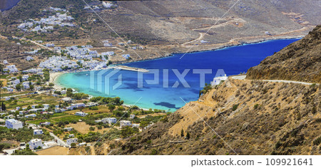 Best beaches of Greece in Cyclades. Stunning Greek beaches in Amorgos island, scenic Aegialis bay with turquoise sea 109921641