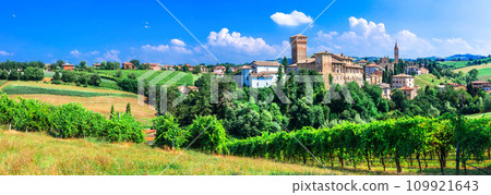 Romantic vine route with medieval castles in Italy. Emiglia Romagna region, Levizzano castle 109921643