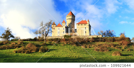 panoramic view of beauiful medieval castle Chateau de Montrottier, Rhone-Alpes, Savoie, near Annecy.  France. 109921644