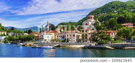 scenic Italian lakes.  Lago Maggiore. beautiful Laveno Mombello town. north of Italy 109921645