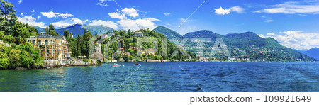 most scenic Italian lakes - Lago Maggiore . panoramic view of beautiful village Verbania. Italy travel destinations most scenic Italian lakes - Lago Maggiore . panoramic view of beautiful village Verbania. Italy travel destinations 109921649