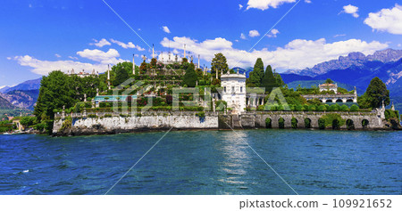 Landmarks and nature of northern Italy. scenic lake Lago Maggiore - island Isola Bella with beautiful gardens . popular destination in Borromean isalnds.. Landmarks and nature of northern Italy. scenic lake Lago Maggiore - island Isola Bella with beautiful gardens . popular destination in Borromean isalnds.. 109921652
