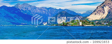 Landmarks and nature of northern Italy. scenic lake Lago Maggiore - island Isola Bella with beautiful gardens . popular destination in Borromean isalnds.. 109921653