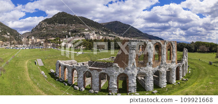 impressive Gubbio town in Umbria. Aerial drone panoramic view of roman amphitheater. Italy travel, great historical italian landmarks. 109921668