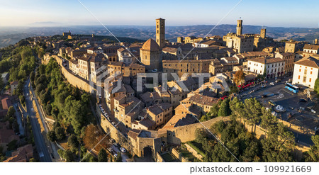 Italy. Volterra - scenic medieval town of Tuscany, Italian famous landmarks and heritage site. aerial drone panorama over sunset. 109921669