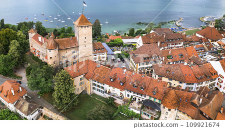 Switzerland travel and landmraks. Charming medieval town Murten (Morat) in scenic lake. aerial drone panoramic view. Idyllic places of Switzerland. canton Fribourg 109921674