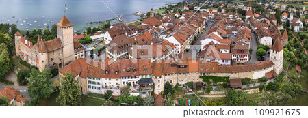 Switzerland travel and landmraks. Charming medieval town Murten (Morat) in scenic lake. aerial drone panoramic view. Idyllic places of Switzerland. canton Fribourg 109921675