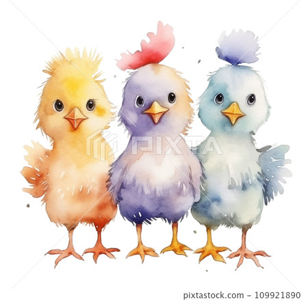 Set of watercolor cute chicks in yellow, purple and blue colors isolated on white background. Set of watercolor cute chicks in yellow, purple and blue colors isolated on white background. 109921890