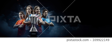 AI-generated content. Young woman, tennis players, athletes standing over black background with trophy. Winner, champion. Successful game. Banner 109922149