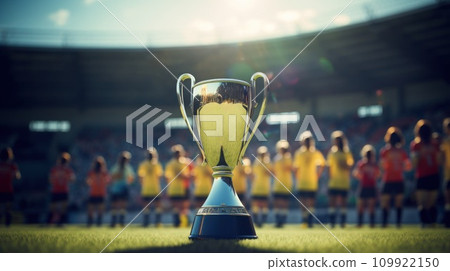 AI-generated content. Golden trophy, award standing in green grass, tennis field with sportsmen over blurred tribune with fans 109922150