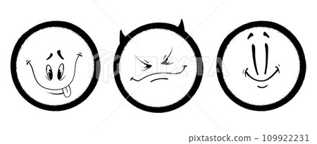 Three graffiti emoticons. Smiling face painted spray paint. Vector illustration on white background 109922231
