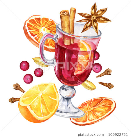 Watercolor composition with a glass of mulled red wine and ingredients, orange, cinnamon, berries, cloves, hand drawn sketch, illustration of drink isolated on white background Watercolor composition with a glass of mulled red wine and ingredients, orange, cinnamon, berries, cloves, hand drawn sketch, illustration of drink isolated on white background 109922731