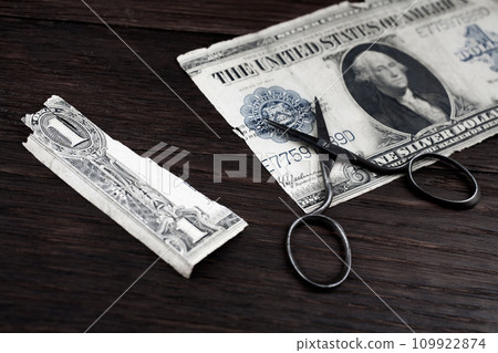 Vintage embroidery scissors cutting old paper dollar bill 109922874