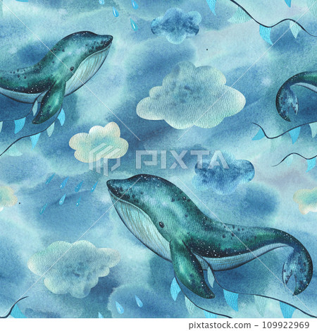A baby whale swims on the sea and flies in the sky with garlands of flags among the clouds and raindrops. Hand drawn children's watercolor illustration. Seamless pattern on a blue background. A baby whale swims on the sea and flies in the sky with garlands of flags among the clouds and raindrops. Hand drawn children's watercolor illustration. Seamless pattern on a blue background. 109922969