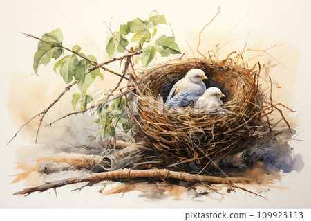Digital painting of a nest with two birds sitting on the tree branch. Generative AI 109923113