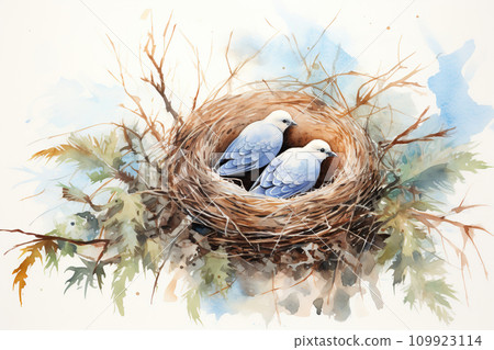 Two pigeons in the nest on a white background. Watercolor painting. Generative AI 109923114