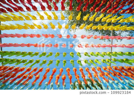Colorful lanterns or lamps in travel trip and holidays vacation concept. Traditional festival in Harikulchai Temple, Lamphun, Thailand. Traditional ceremony in Asia. Celebration 109923184
