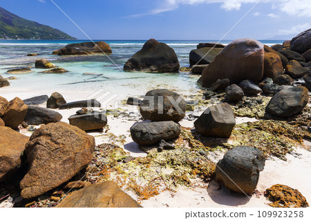 Coastal stones lay on white sands of Beau Vallon beach, Seychelles Coastal stones lay on white sands of Beau Vallon beach, Seychelles 109923258