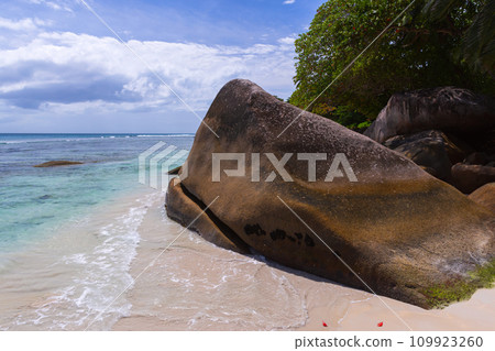 Coastal view with white sand and coastal stone, Beau Vallon beach, Seychelles Coastal view with white sand and coastal stone, Beau Vallon beach, Seychelles 109923260