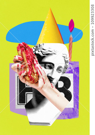 Contemporary art collage. Antique statue in black and white filter with festive cap holds delicious dessert against green background. 109923308