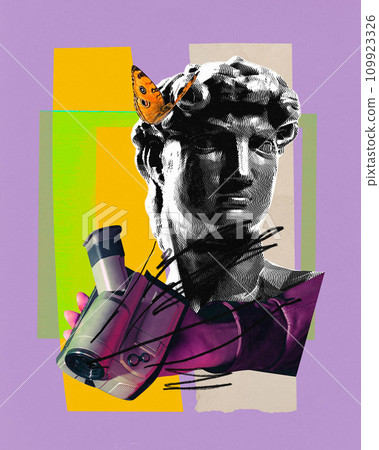 Contemporary art collage. Antique statue in black and white filter holds retro video camera against abstract designed vivid background. Contemporary art collage. Antique statue in black and white filter holds retro video camera against abstract designed vivid background. 109923326