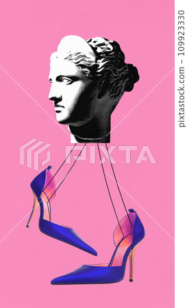 Contemporary art collage. Antique Greek statue in black and white half-tone filter walking in purple high heels against vivid pink background. 109923330