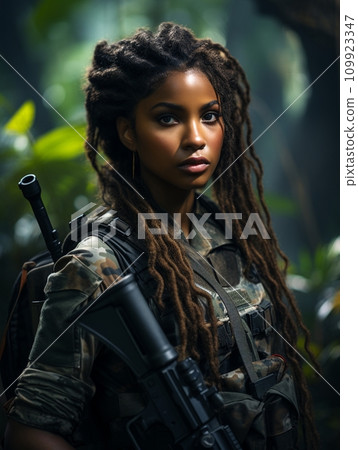 Dark-skinned young girl in full length military uniform with weapon in hand in the jungle 109923347