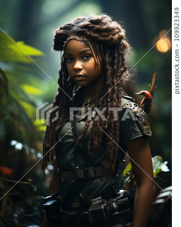Dark-skinned young girl in full length military uniform with weapon in hand in the jungle 109923349