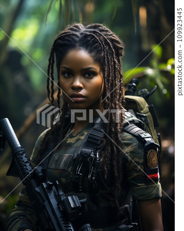 Dark-skinned young girl in full length military uniform with weapon in hand in the jungle 109923445