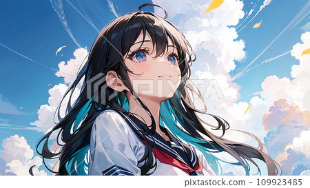 抬頭仰望藍天的女學生插畫“AI生成圖像” 抬頭仰望藍天的女學生插畫“AI生成圖像” 109923485