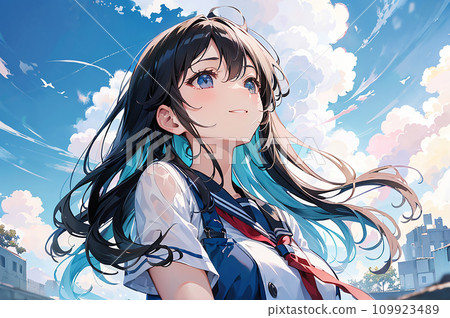 抬頭仰望藍天的女學生插畫“AI生成圖像” 109923489